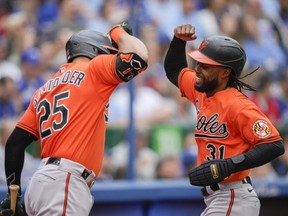 Orioles' Cedric Mullins, right, celebrates his home run with Anthony Santander against the Blue Jays in the third inning at the Rogers Centre in Toronto, Saturday, May 20, 2023.
