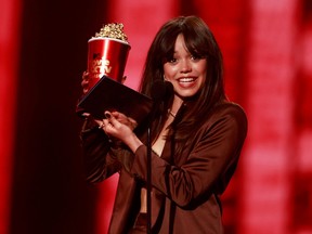 Actress Jenna Ortega accepts the Most Frightened Performance award for Scream onstage during the MTV Movie and TV Awards at the Barker Hangar in Santa Monica, Calif., June 5, 2022.