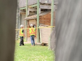 Workers examine the scene of a platform collapse at Fort Gibraltar which sent 17 people to hospital on Wednesday, May 31, 2023. Chris Procaylo/Winnipeg Sun