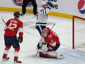 Panthers goaltender Sergei Bobrovsky allows a goal as Maple Leafs' Ryan O'Reilly celebrates during the third period in Game 4 of their second-round NHL playoff series at FLA Live Arena.