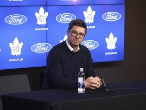 Toronto Maple Leafs general manager Kyle Dubas speaks to the media about his family and his future with the organization on Monday.