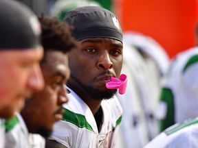 Le'Veon Bell of the New York Jets looks on during the fourth quarter of a football game against the Jacksonville Jaguars at TIAA Bank Field on Oct. 27, 2019 in Jacksonville, Fla.