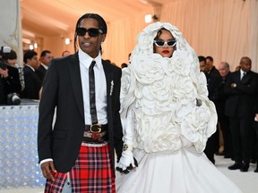 Rapper A$AP Rocky (left) and singer/actress Rihanna (right) arrive for the 2023 Met Gala at the Metropolitan Museum of Art in New York City, Monday, May 1, 2023.
