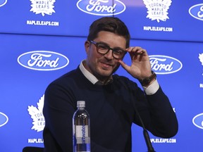 Toronto Maple Leafs general manager Kyle Dubas speaks about his family and his future with the organization at the podium on locker clean-up day in Toronto on Monday May 15, 2023.