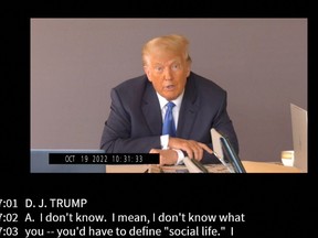 Former U.S. president Donald Trump is seen in a screen capture obtained from his deposition on Oct. 19, 2022, during the Carroll v. Trump civil trial where former Elle magazine advice columnist E. Jean Carroll accuses Trump in a civil lawsuit of raping her in a department store dressing room in the mid-1990s and of defamation and obtained by Reuters on May 5, 2023.