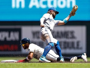 Twins' Willi Castro steals second base against Bo Bichette of the Blue Jays in the first inning at Target Field in Minneapolis, Saturday, May 27, 2023.