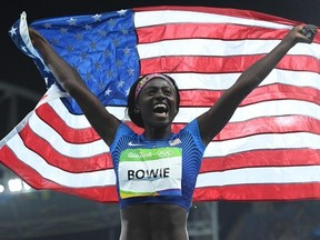 USA's Tori Bowie celebrates after she won the silver medal in the Women's 100m Final during the athletics event at the Rio 2016 Olympic Games at the Olympic Stadium in Rio de Janeiro.
