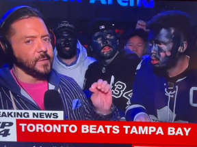 CP24 reporter Steve Ryan interviews Maple Leafs fans after the Game 6 win against the Tampa Bay Lightning on April 29, 2023.