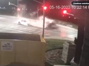 A screengrab from video posted to Twitter of a crash in Brampton on May 16, 2023.