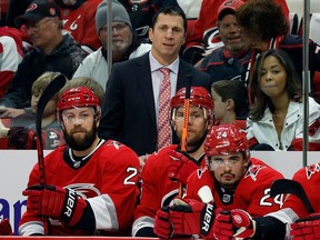 Hurricanes head coach Rod Brind'Amour watches play during his team's second-round series vs. the Devils earlier this month in Raleigh, N.C.