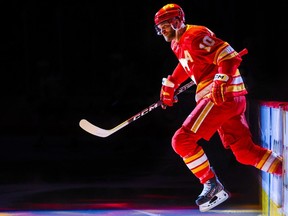 Calgary Flames centre Jonathan Huberdeau takes the ice prior to the game against the Chicago Blackhawks at Scotiabank Saddledome.