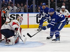 May 4, 2023; Toronto, Ontario, CANADA; Florida Panthers goaltender Sergei Bobrovsky makes a save against Toronto Maple Leafs forward John Tavares during the third period of game two of the second round of the 2023 Stanley Cup Playoffs at Scotiabank Arena.