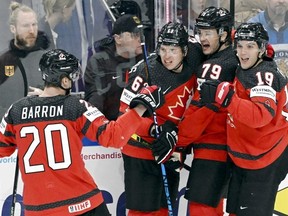 Ice Hockey - IIHF World Ice Hockey Championship 2023 - Final - Canada v Germany - Nokia Arena, Tampere, Finland - May 28, 2023. Canada's Samuel Blais celebrates scoring their first goal with teammates.