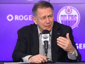 General manager Ken Holland speaks to the media following the conclusion of the Edmonton Oilers' 2021-22 NHL season in Edmonton on June 8, 2022.