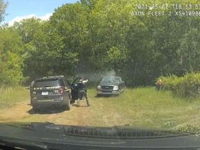 This image provided by York County Sheriff's Office and released by attorney Justim Bamberg shows police dash cam video of Trevor Mullinax's encounter with York County deputies in May 2021.