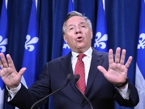 Quebec Premier Francois Legault responds to reporters questions at a news conference before question period at the legislature in Quebec City, May 9, 2023.
