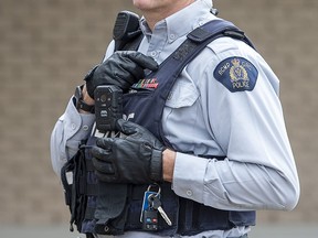 An RCMP officer wears a body camera at the detachment in Bible Hill, N.S. on Sunday, April 18, 2021.