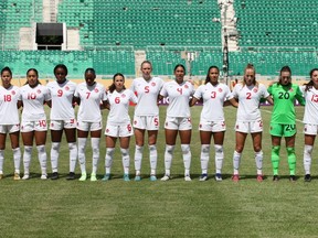 Canada's under-20 women's soccer team poses for a picture before their opening match of the CONCACAF championship on Friday, May 26, 2023.