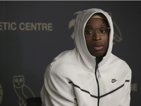 Toronto Raptors held their day after the season locker clean outs as O.G. Anunoby speaks in the media room at the OVO Centre about the season and upcoming plans for next season in Toronto, Ont. on Thursday April 13, 2023.