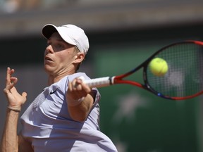 Canada's Denis Shapovalov plays a shot against Brandon Nakashima of the U.S. during their first round match of the French Open tennis tournament at the Roland Garros stadium in Paris, Monday, May 29, 2023.
