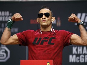 Tony Ferguson poses during a ceremonial weigh-in for the UFC 229 mixed martial arts fight, Friday, Oct. 5, 2018, in Las Vegas.