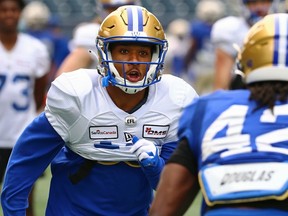 Receiver Amare Jones (left) takes his route at defensive back Souleymane Karamako during one-on-one battle at Winnipeg Blue Bombers training camp on Monday May 22, 2023.