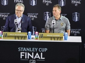 Vegas Golden Knights general manager Kelly McCrimmon (L) and head coach Bruce Cassidy attend media day.