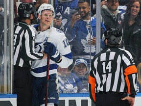 Corey Perry of the Tampa Bay Lightning gets tossed against the Toronto Maple Leafs in Game 2 of their playoff series at Scotiabank Arena on April 20, 2023, in Toronto. Perry's rights were dealt on Thursday, June 29, 2023, to the Chicago Blackhawks.