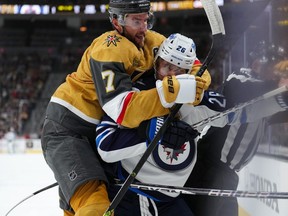 Golden Knights defenceman Alex Pietrangelo uses his 6-foot-3, 215-pound frame to rub out the Jets' Blake Wheeler during the teams' first-round playoff series this year.