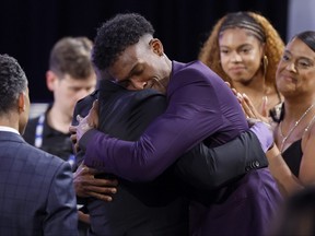 Olivier-Maxence Prosper celebrates after being drafted 24th overall pick by the Sacramento Kings during the first round of the 2023 NBA Draft at Barclays Center on June 22, 2023 in Brooklyn.