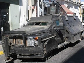 In this photo shared on Wikipedia, a "Monsturo 2010" vehicle featuring a turret was captured by Mexican authorities in Jalisco, Mexico in 2011.