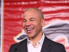 Jarome Iginla reacts during a luncheon and media conference in Calgary at the Saddledome Friday, March 1, 2019.