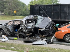 The aftermath of a multi-vehicle crash on Derry Rd., just west of Rexwood Rd., in Mississauga on Thursday, June 8, 2023. ERNEST DOROSZUK/TORONTO SUN