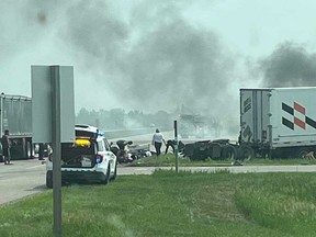 Scene of the crash on the Trans-Canada Highway in Manitoba near Highway 5. PHOTO BY SKILLED TRUCKERS CANADA/FACEBOOK