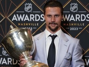 San Jose Sharks hockey player Erik Karlsson poses after winning the Norris Trophy at the NHL Awards, Monday, June 26, 2023, in Nashville, Tenn.
