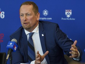 Philadelphia 76ers head coach Nick Nurse takes questions from the media at a press conference at the NBA basketball team's facility Thursday, June 1, 2023, in Camden, N.J.