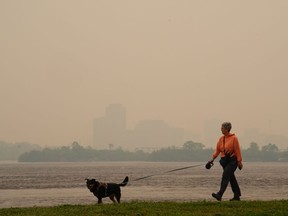 A woman walks her dog along the Ottawa River in Ottawa as smoke from wildfires obscures Gatineau, Que., in the distance on Tuesday, June 6, 2023.