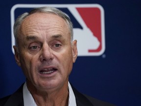 Major League Baseball Commissioner Rob Manfred speaks to members of the media following an owners' meeting, Thursday, June 15, 2023, at MLB headquarters in New York.