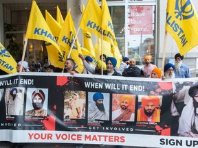 Approximately 200 people protest outside the Indian consulate in Vancouver June 24, 2023.
