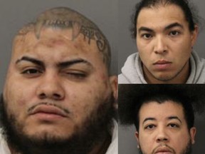 Suspected members of MS-13 – (left) Carlos Ricardo Gutierrez, 27, (top right) Kenny Banchon Urbina, 30, and (bottom right) Carlos Pena Torrez, 34, all of Toronto – are charged with attempted murder for the shooting of a man, 65, in Schomberg on Sunday, Feb. 12, 2023.