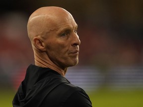 Toronto FC head coach Bob Bradley stands on the touch line during MLS action against DC United in Toronto on May 27, 2023.