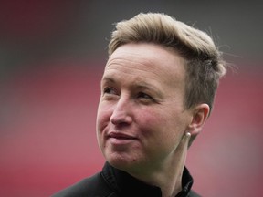 Canada's women's national soccer team head coach Bev Priestman leaves the field after team practice in Vancouver, on Thursday, April 7, 2022. Priestman names her pre-tournament roster for a camp in Australia prior to next month's FIFA Women's World Cup.