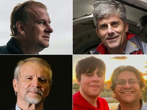 This combination of pictures created on June 21, 2023 shows Titan submersible passengers (left to right, top to bottom) Hamish Harding, Stockton Rush, Paul-Henri Nargeolet, Suleman Dawood and his father Shahzada Dawood