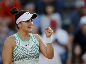 Canada's Bianca Andreescu reacts during her second round match of the French Open tennis tournament against Emma Navarro of the U.S., at the Roland Garros stadium in Paris, Thursday, June 1, 2023.