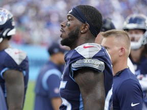 Tennessee Titans running back Hassan Haskins Jr. watches from the sideline during a game against the New York Giants on Sept. 11, 2022, in Nashville, Tenn.