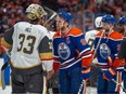 Connor McDavid (97) of the Edmonton Oilers, shakes hands with Adin Hill of the Las Vegas Golden Knights after game six of the second round of the NHL playoffs at Rogers Place in Edmonton on May 14, 2023.