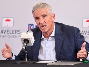 PGA Tour commissioner Jay Monahan addresses the media during a news conference prior to the Travelers Championship at TPC River Highlands on June 22, 2022.