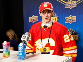 Samuel Honzek speaks to the media after being selected by the Calgary Flames with the 16th overall pick during round one of the 2023 Upper Deck NHL Draft at Bridgestone Arena on June 28, 2023 in Nashville, Tennessee.