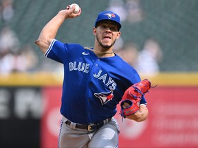 Jose Berrios of the Toronto Blue Jays pitches in the first inning against the Chicago White Sox at Guaranteed Rate Field on Thursday, July 6, 2023, in Chicago.