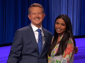Jeopardy! host Ken Jennings and contestant Anji Nyquist.